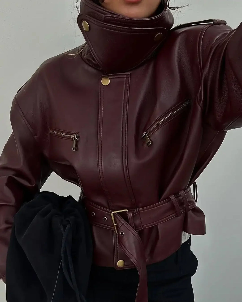 Chaqueta de Cuero Burdeos para Mujer