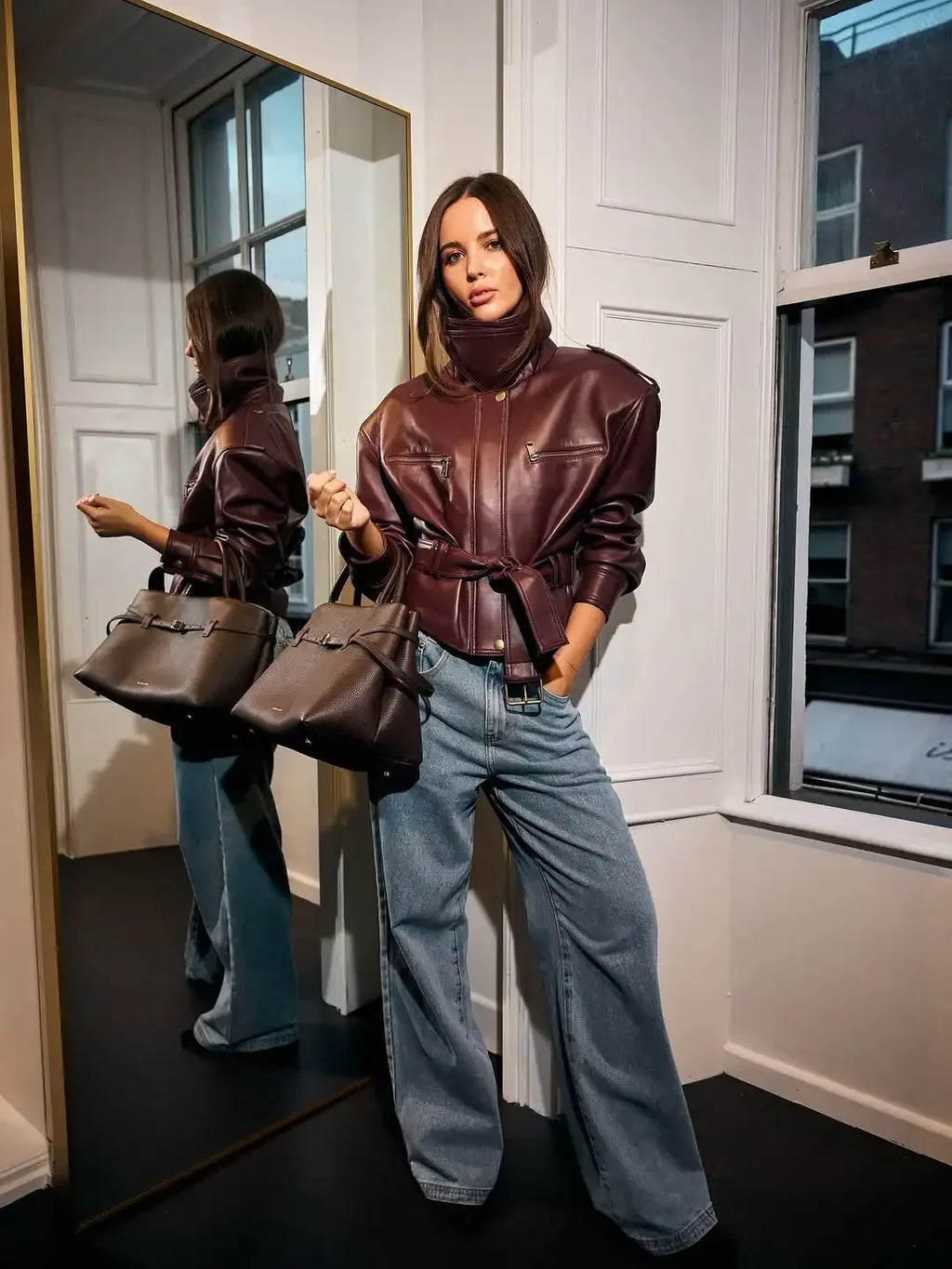 Chaqueta de Cuero Burdeos para Mujer