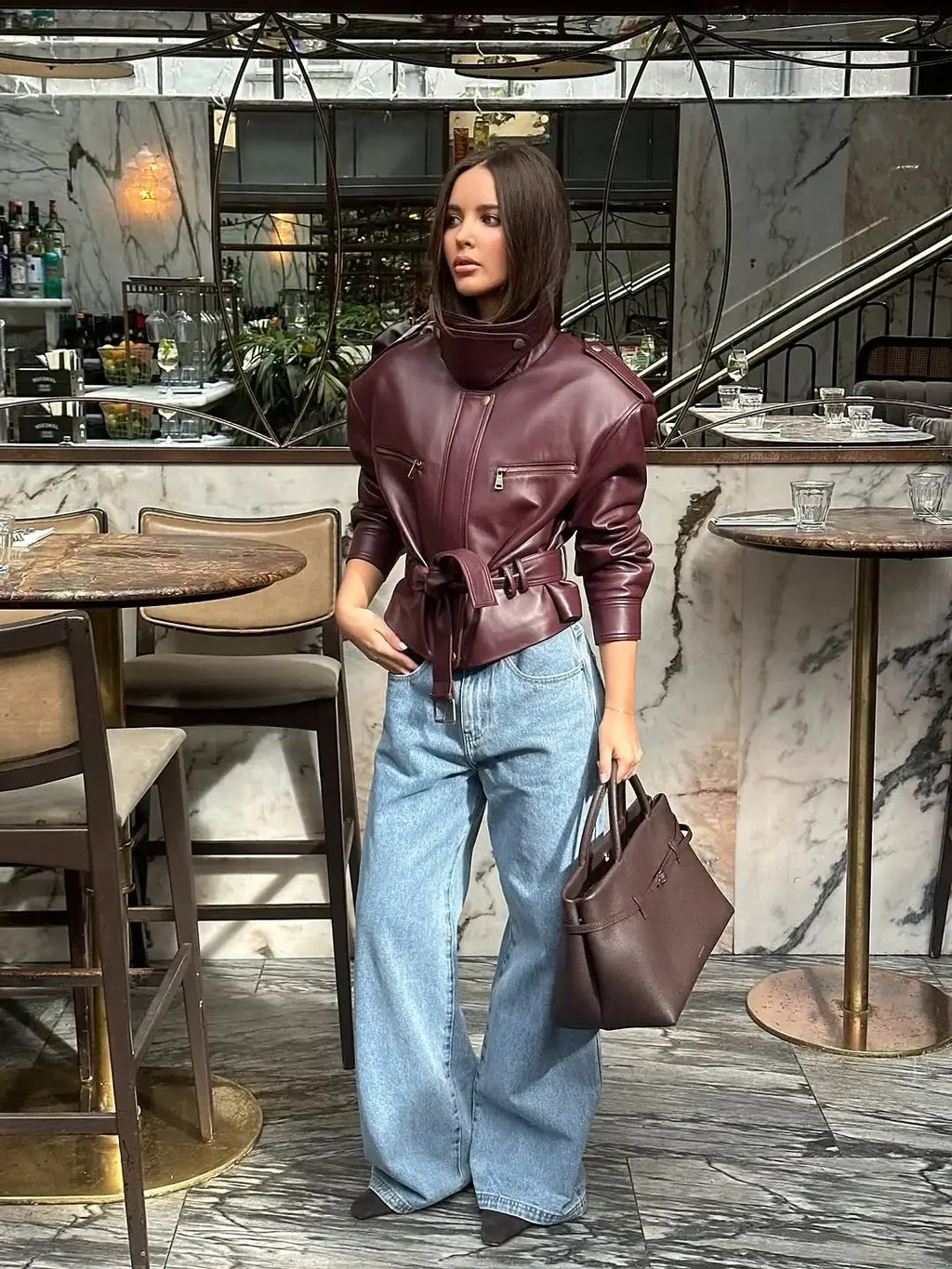 Chaqueta de Cuero Burdeos para Mujer