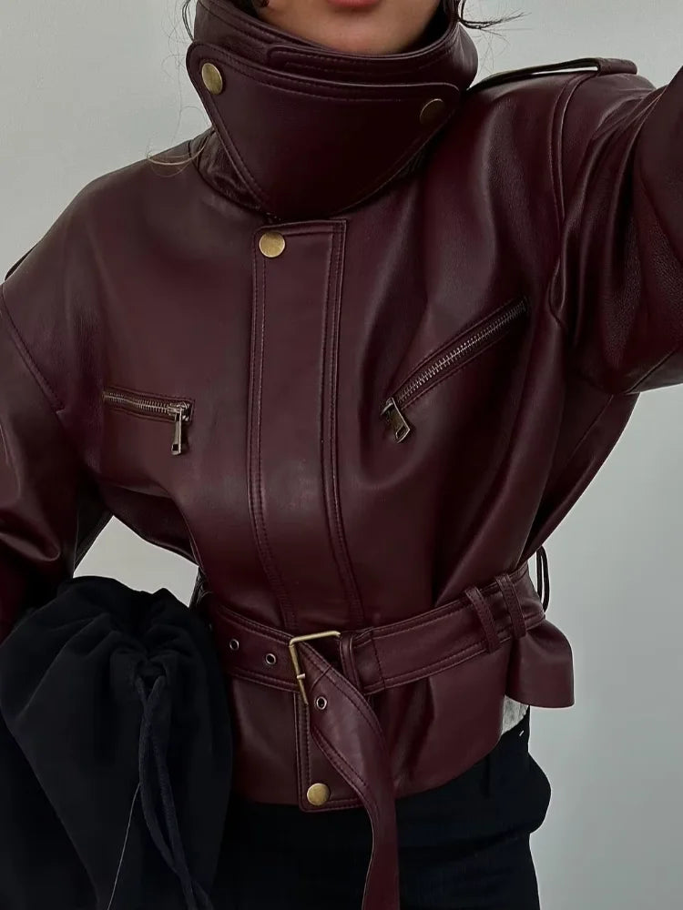 Chaqueta de Cuero Burdeos para Mujer