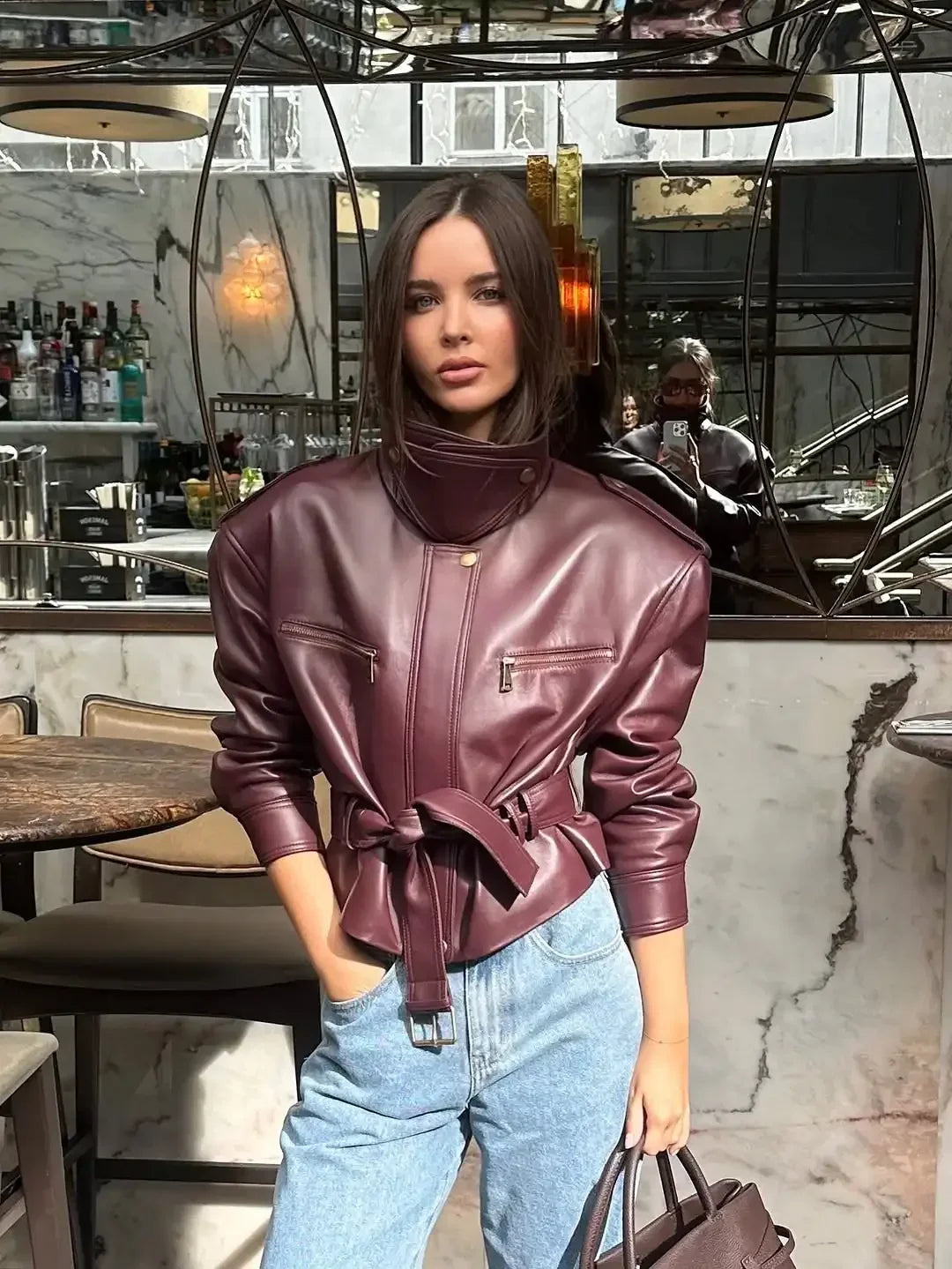 Chaqueta de Cuero Burdeos para Mujer