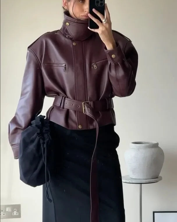 Chaqueta de Cuero Burdeos para Mujer